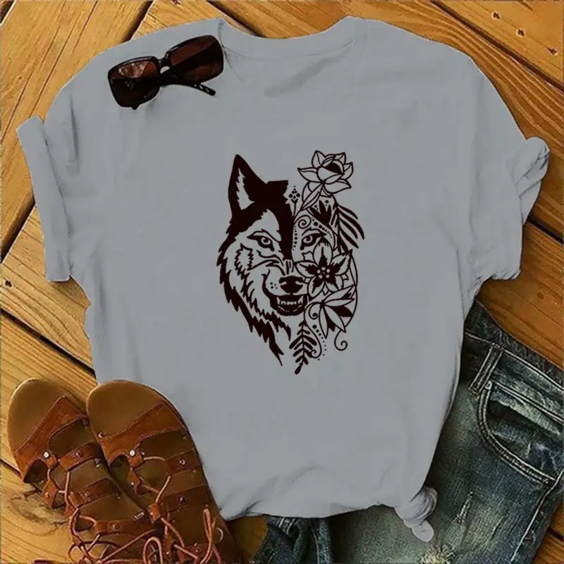 Women Blue T-Shirt with Wolf Flower Print - Image 2