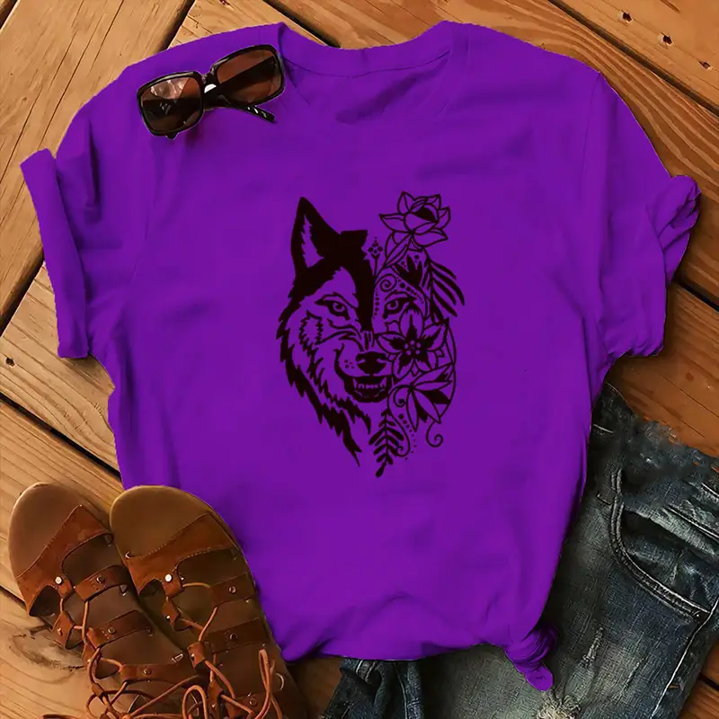 Women Blue T-Shirt with Wolf Flower Print - Image 3