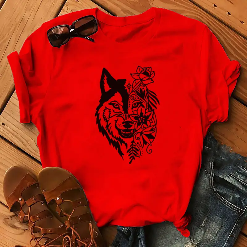 Women Blue T-Shirt with Wolf Flower Print - Image 4