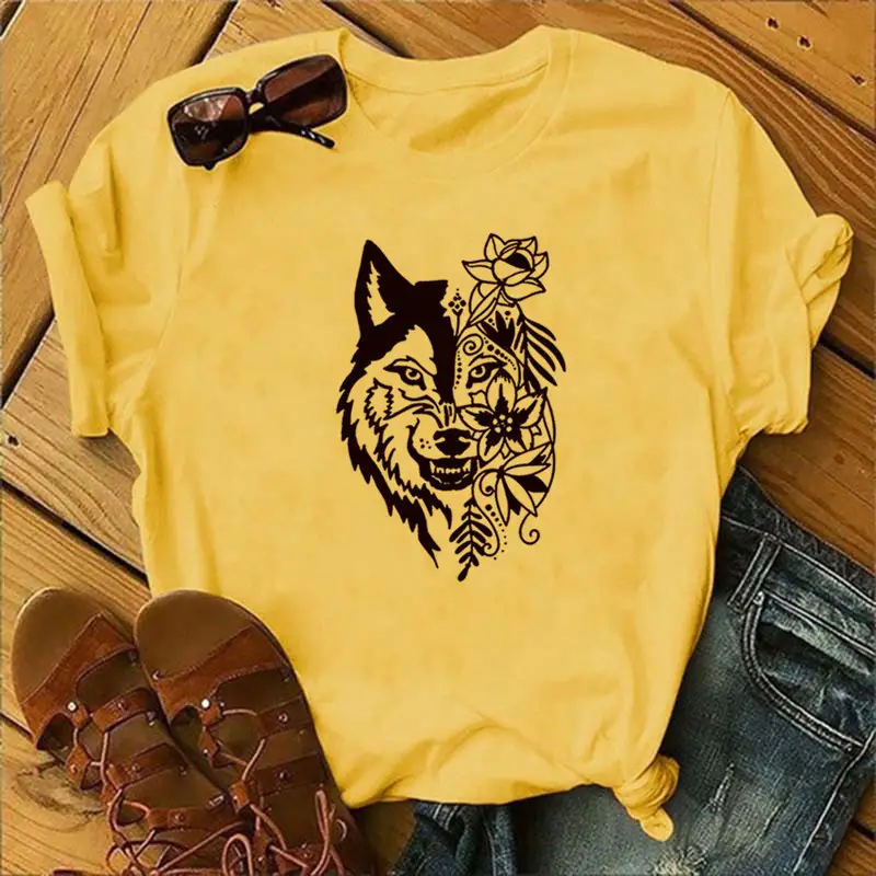 Women Blue T-Shirt with Wolf Flower Print - Image 5