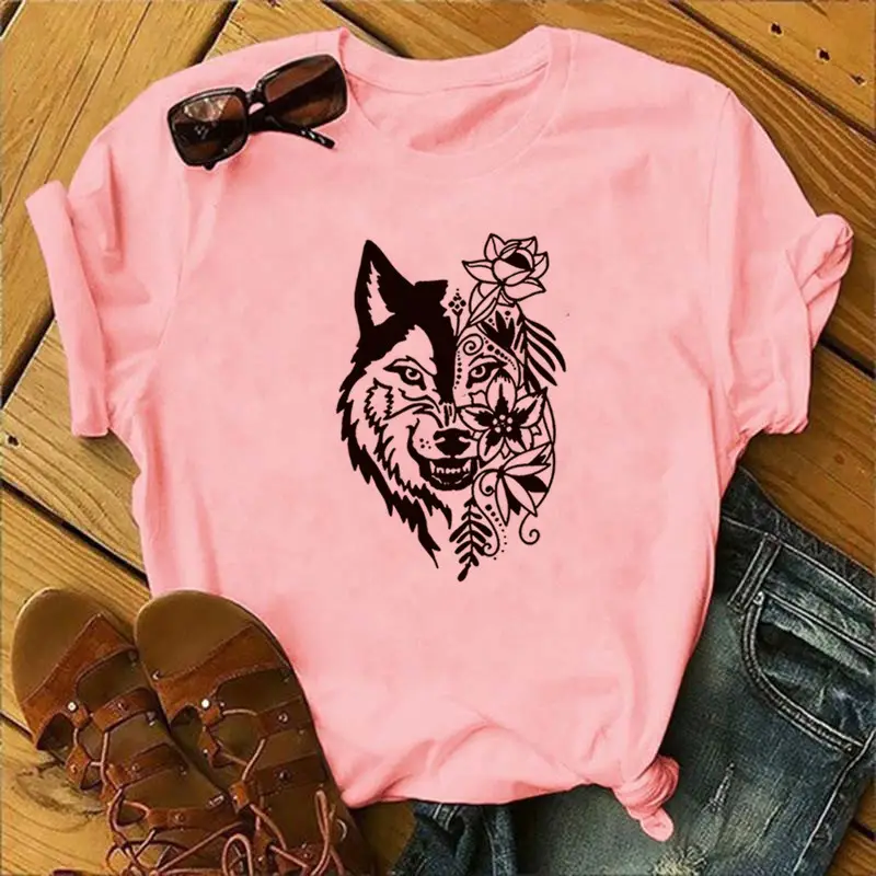 Women Blue T-Shirt with Wolf Flower Print - Image 6
