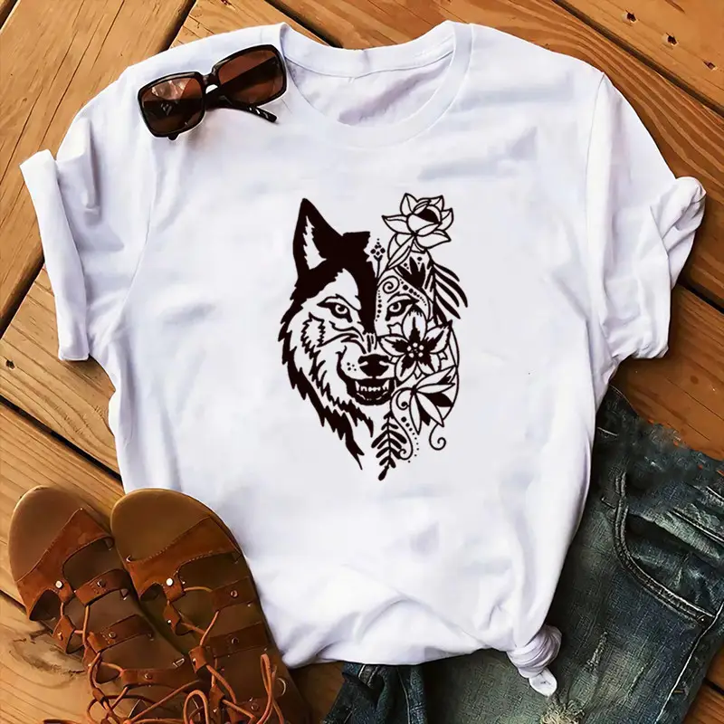 Women Blue T-Shirt with Wolf Flower Print - Image 7