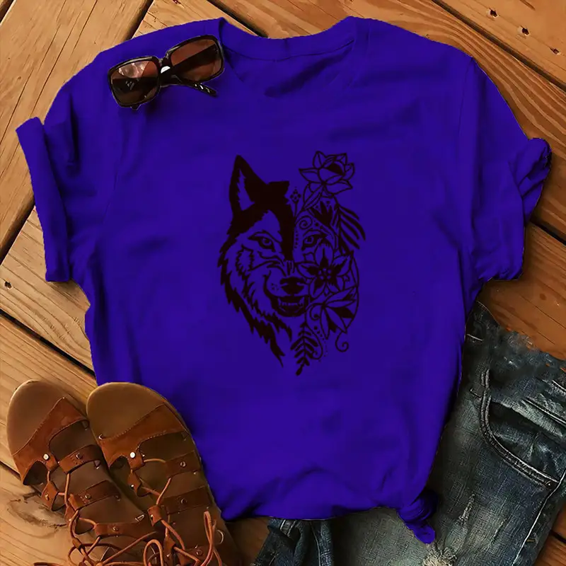 Women Blue T-Shirt with Wolf Flower Print - Image 8