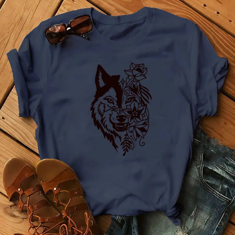 Women Blue T-Shirt with Wolf Flower Print - Image 9