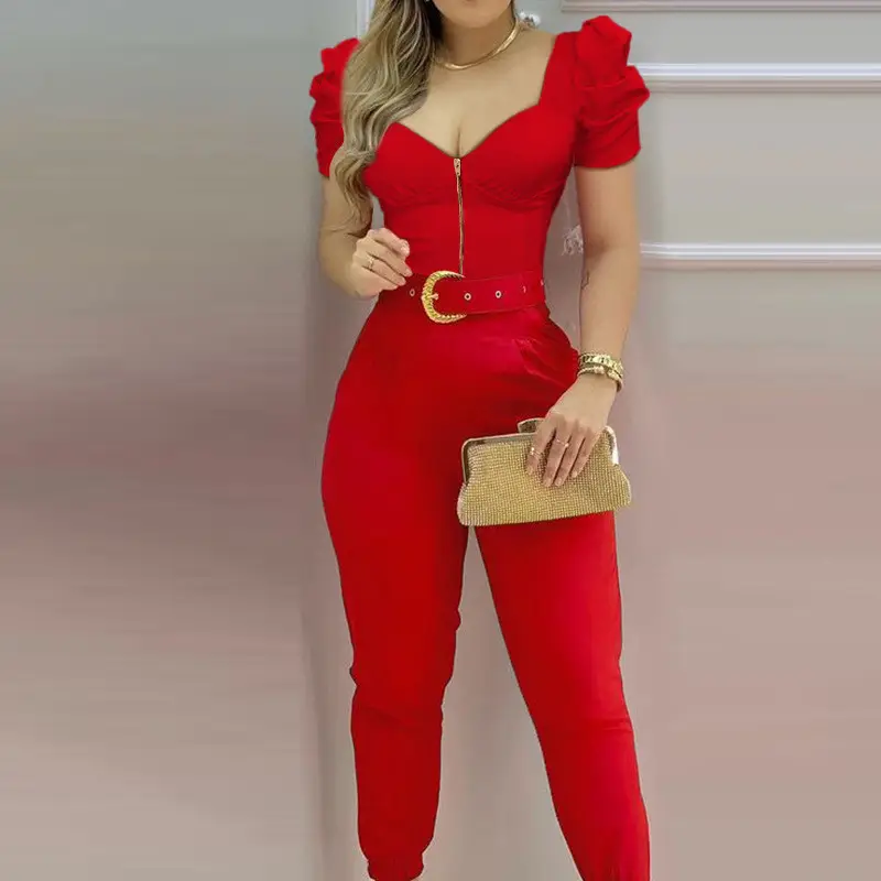 2022 Red V-Neck One-Piece Suit for Women - Image 5