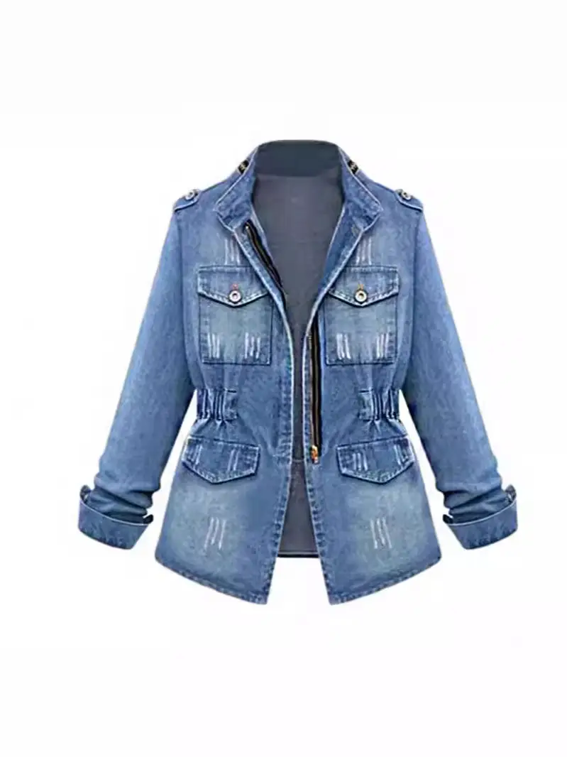 Women Denim Jacket Light Blue Zipper Decorated Elastic Waist