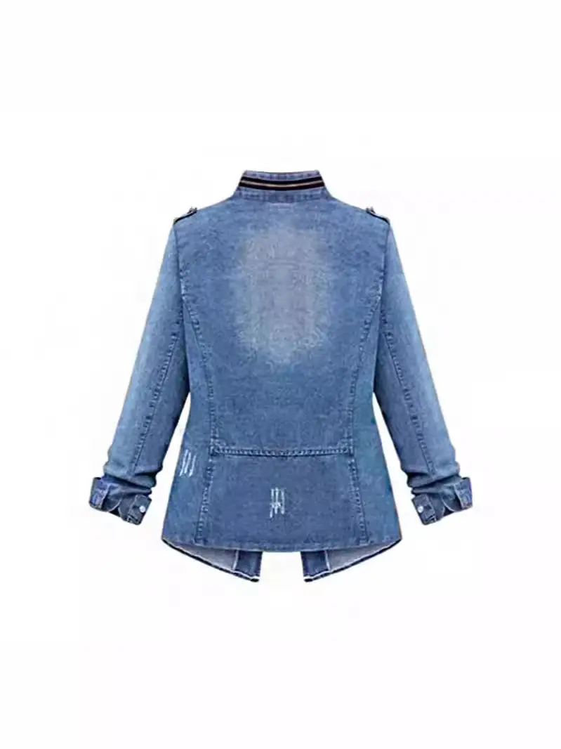 Women Denim Jacket Light Blue Zipper Decorated Elastic Waist