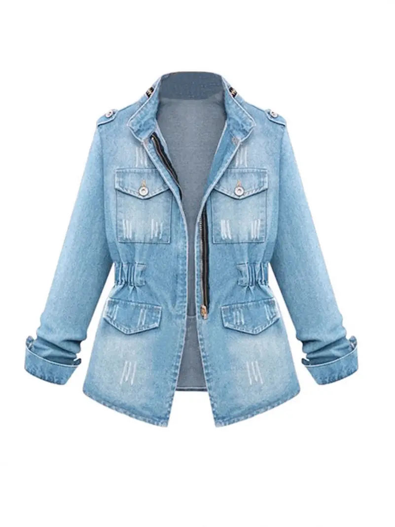Women Denim Jacket Light Blue Zipper Decorated Elastic Waist