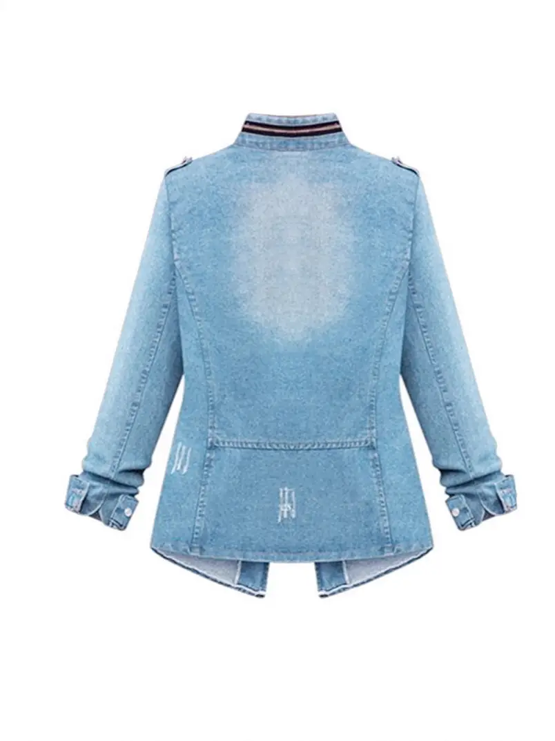 Women Denim Jacket Light Blue Zipper Decorated Elastic Waist