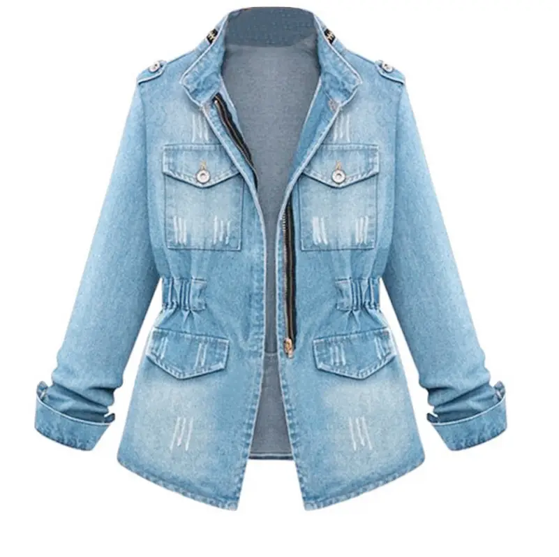 Women Denim Jacket Light Blue Zipper Decorated Elastic Waist — feature 10