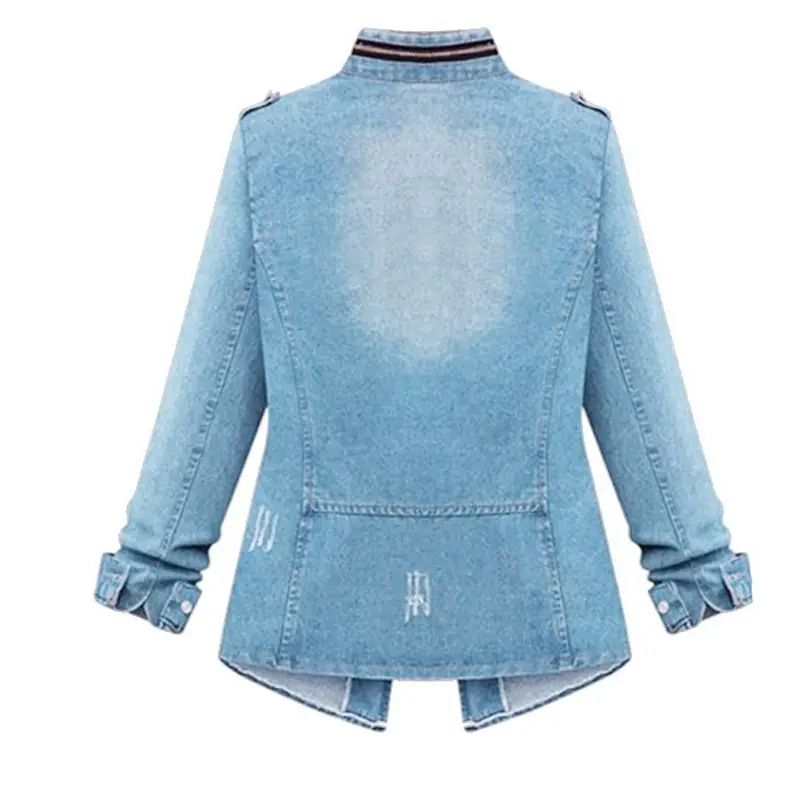Women Denim Jacket Light Blue Zipper Decorated Elastic Waist — feature 11