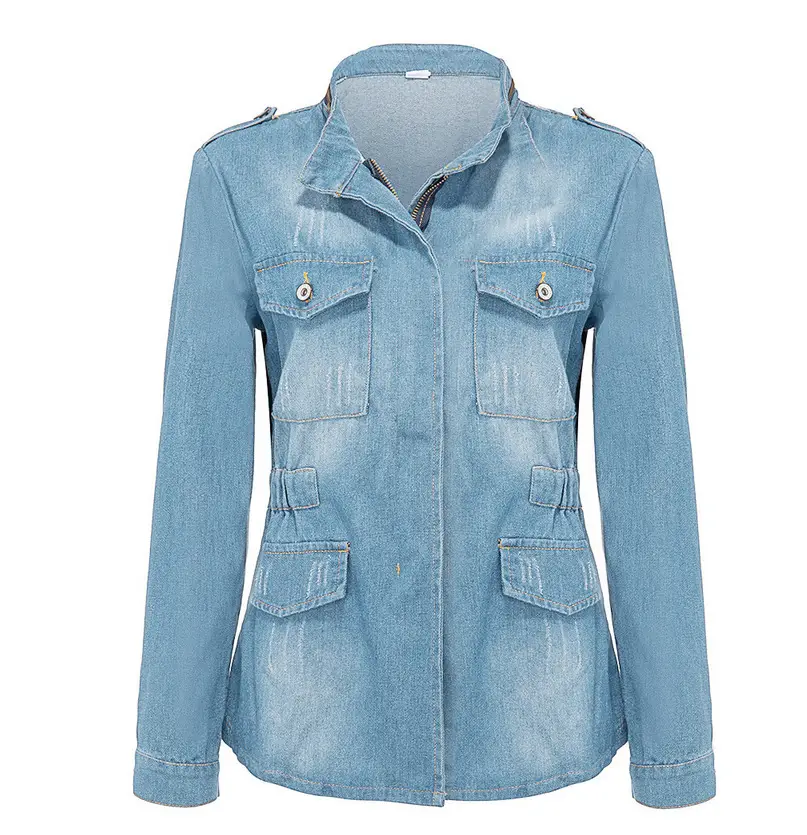 Women Denim Jacket Light Blue Zipper Decorated Elastic Waist — feature 12