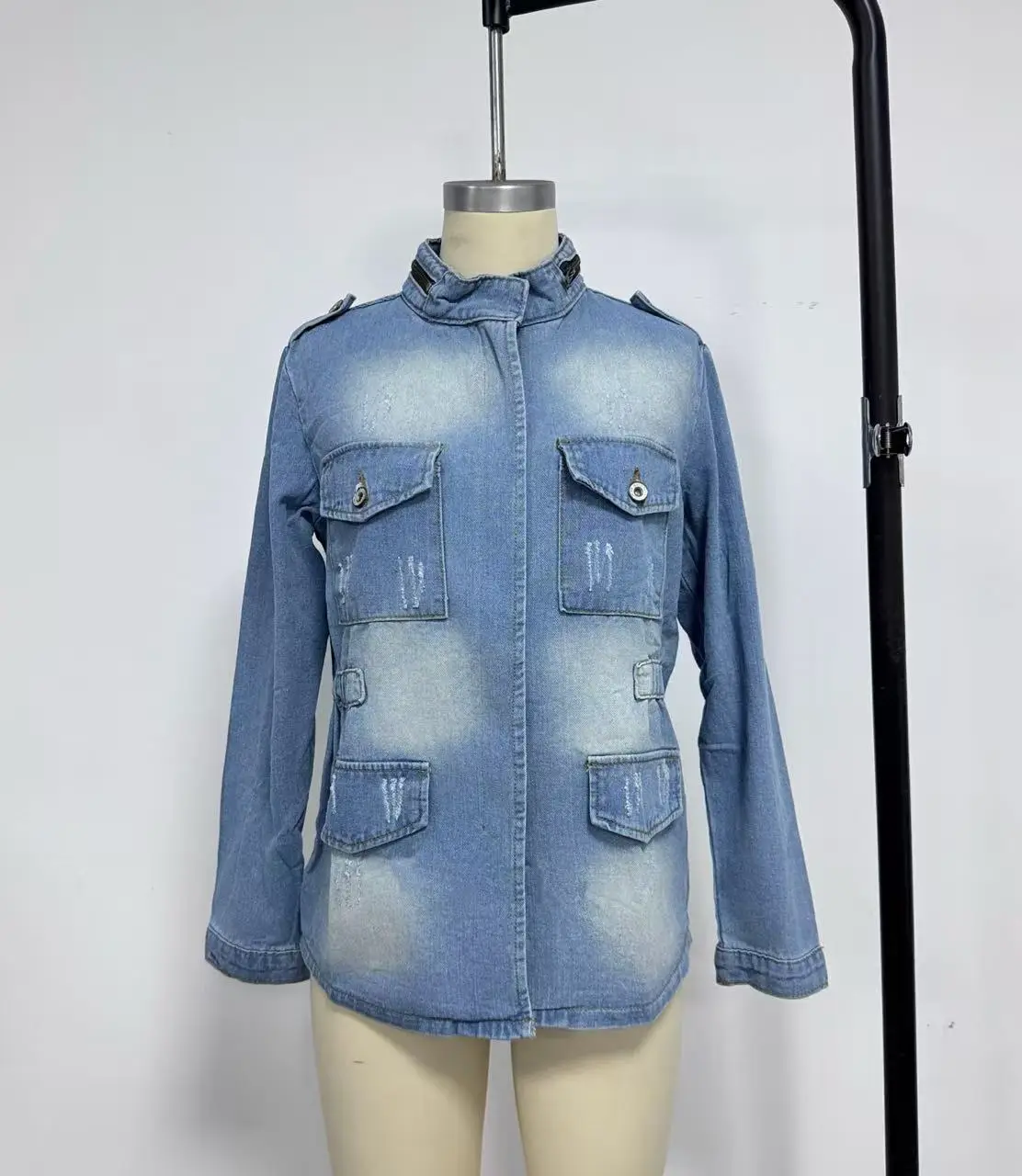 Women Denim Jacket Light Blue Zipper Decorated Elastic Waist — feature 4