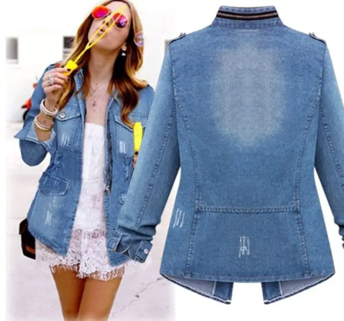 Women Denim Jacket Light Blue Zipper Decorated Elastic Waist — feature 7