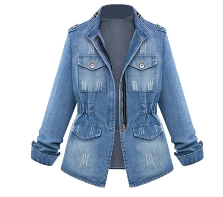 Women Denim Jacket Light Blue Zipper Decorated Elastic Waist — feature 8
