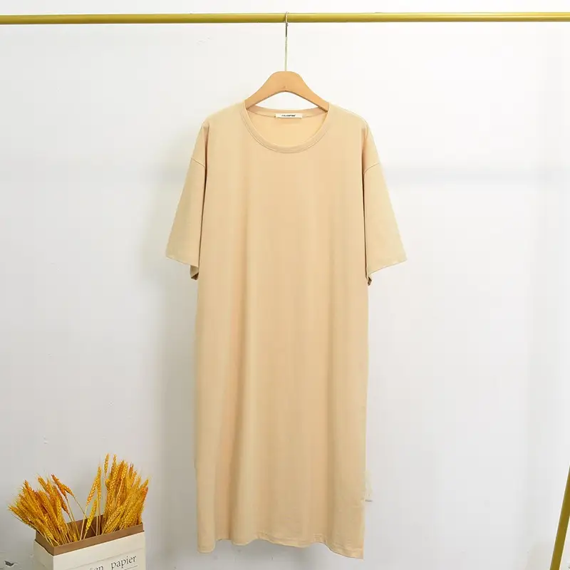 Korean Style Cotton Dress Green Side Slit Midi Large