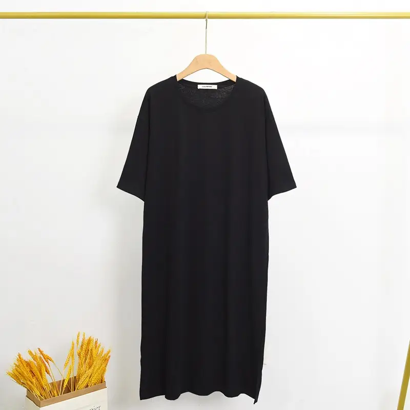 Korean Style Cotton Dress Green Side Slit Midi Large
