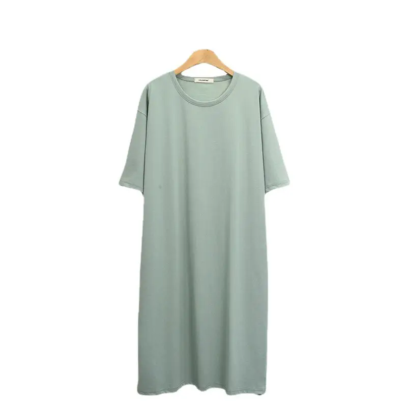 Korean Style Cotton Dress Green Side Slit Midi Large