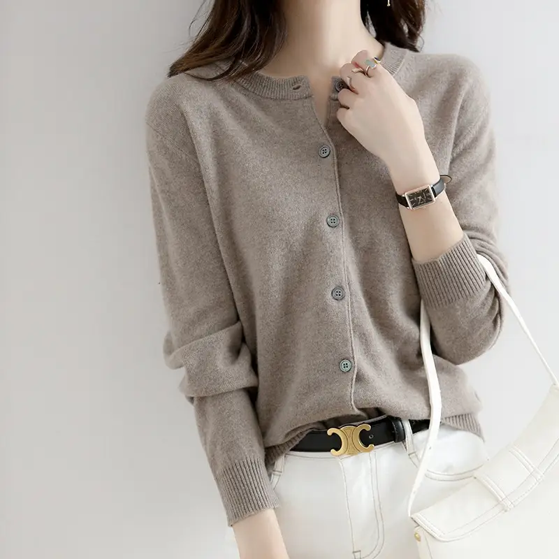 Women's Orange Wool Knitted Crewneck Cardigan - Image 16