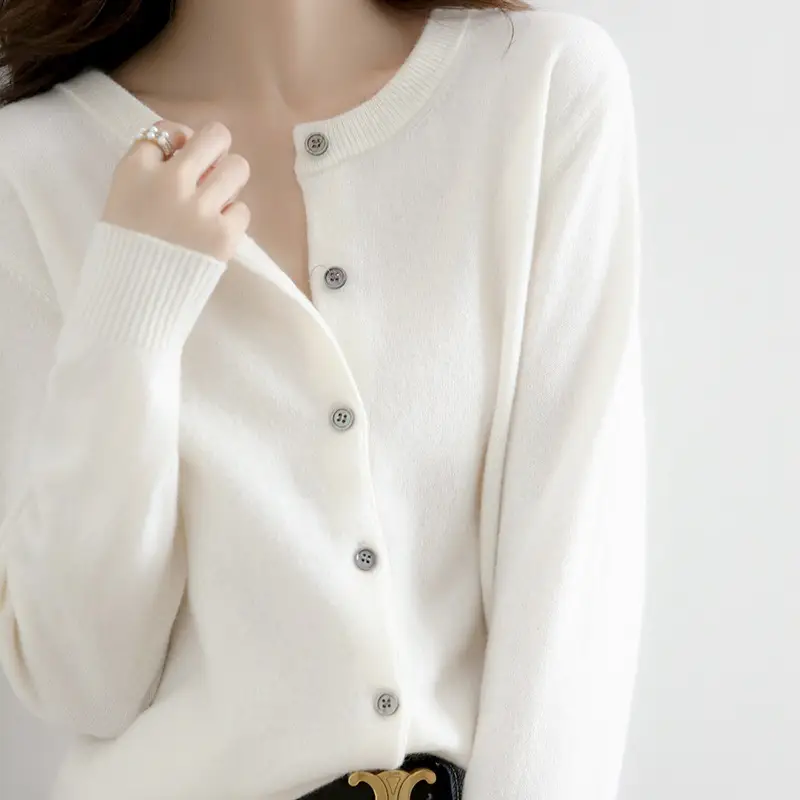 Women's Orange Wool Knitted Crewneck Cardigan - Image 17