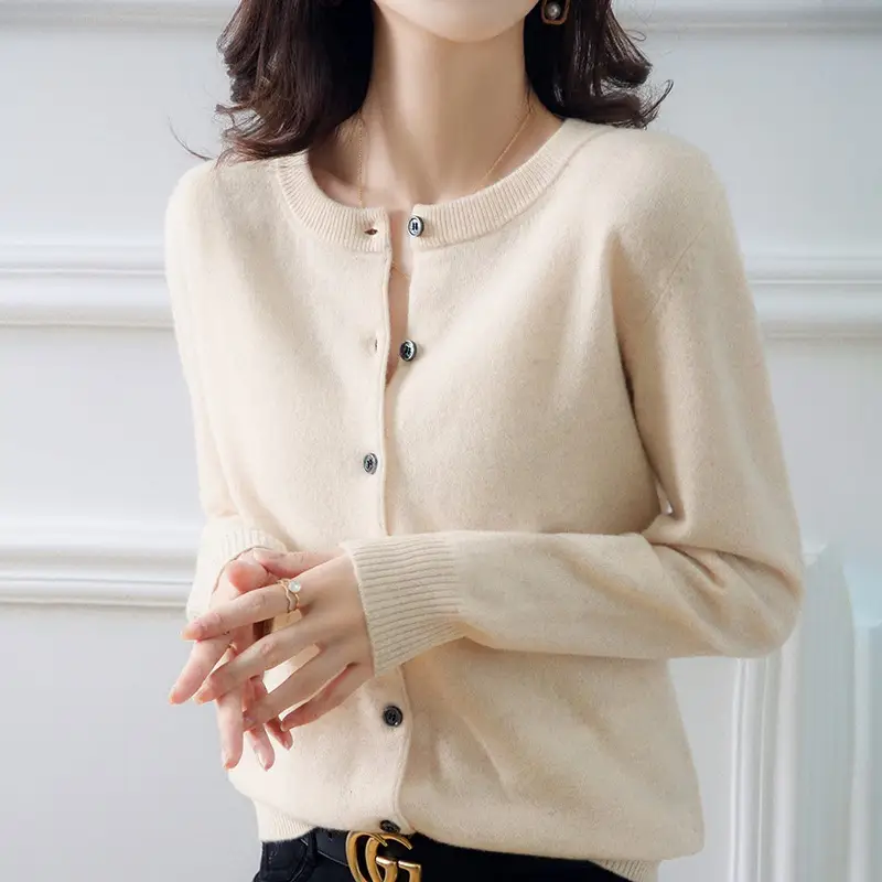 Women's Orange Wool Knitted Crewneck Cardigan - Image 18