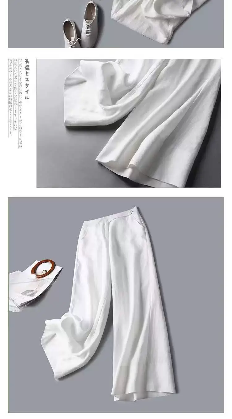 Women Linen Wide Leg Pants White High Waist Drape — feature 14