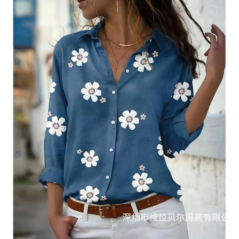 Teal Floral Lapel Shirt for Women Slim Fit - Image 6