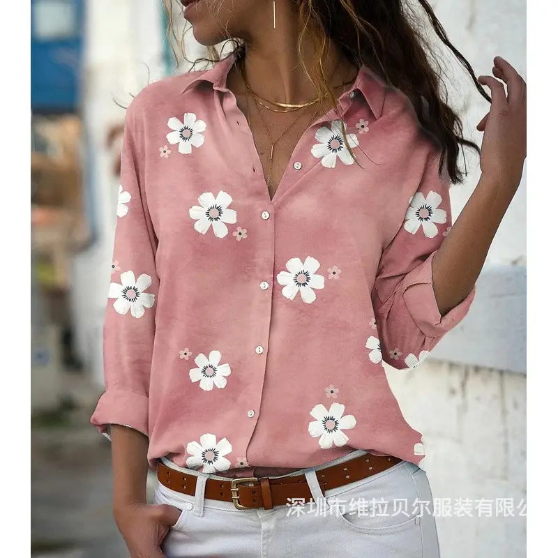 Teal Floral Lapel Shirt for Women Slim Fit - Image 7