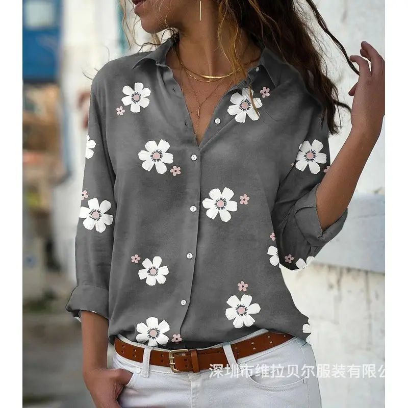 Teal Floral Lapel Shirt for Women Slim Fit - Image 8