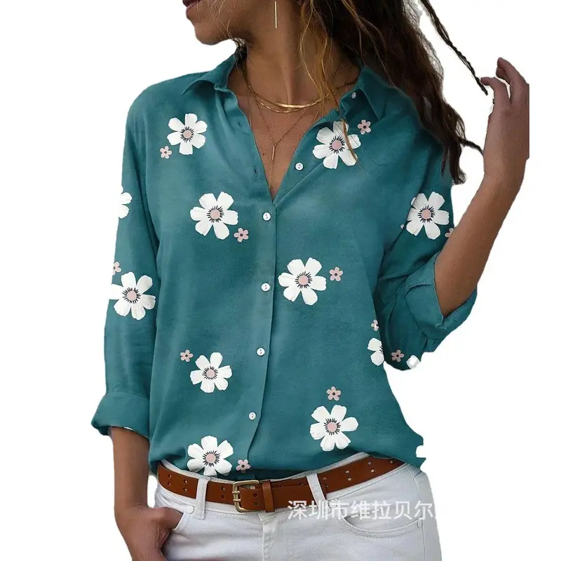 Teal Floral Lapel Shirt for Women Slim Fit - Image 9