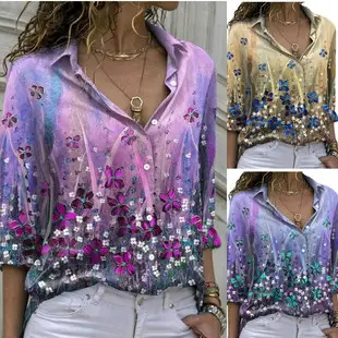 Teal Floral Lapel Shirt for Women Slim Fit — feature 13