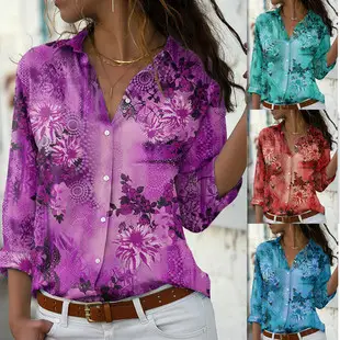 Teal Floral Lapel Shirt for Women Slim Fit — feature 9