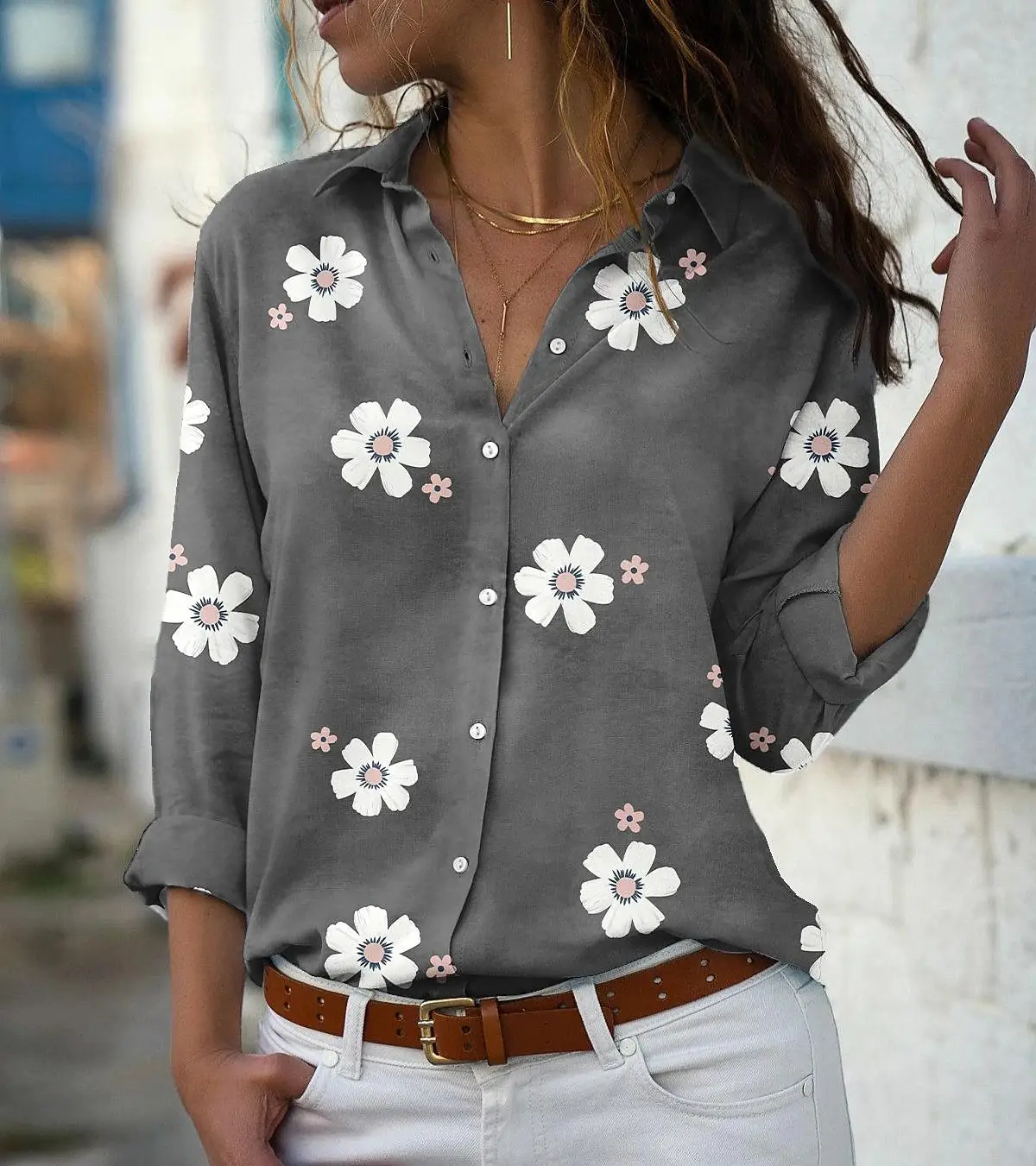 Teal Floral Lapel Shirt for Women Slim Fit - Image 2