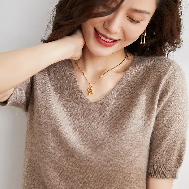 Women V Neck Knitted T-Shirt Brown 2025 Spring Fall - Image 11