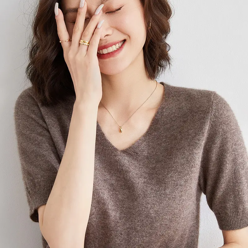 Women V Neck Knitted T-Shirt Brown 2025 Spring Fall - Image 12