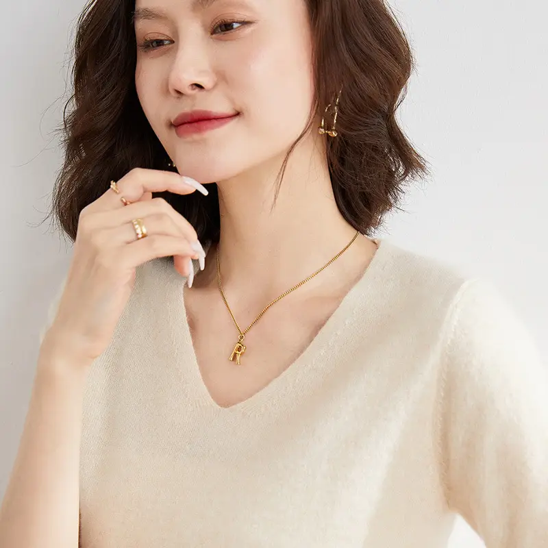 Women V Neck Knitted T-Shirt Brown 2025 Spring Fall - Image 13