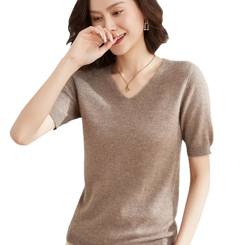 Women V Neck Knitted T-Shirt Brown 2025 Spring Fall - Image 14