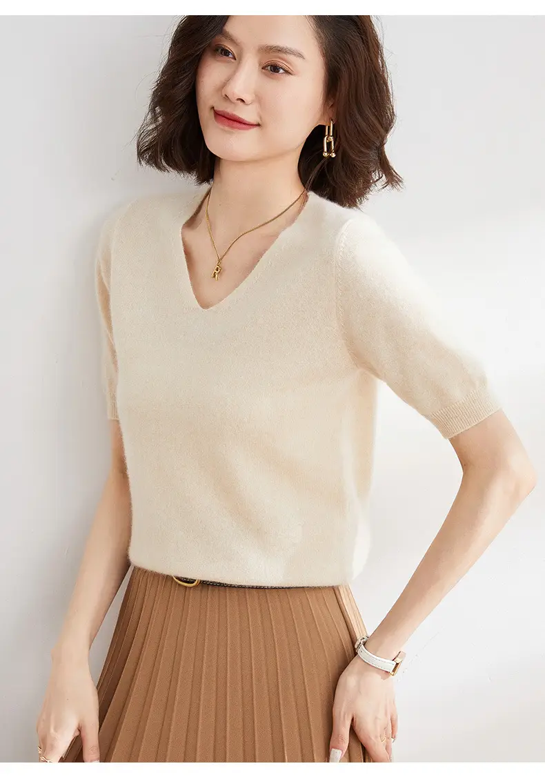 Women V Neck Knitted T-Shirt Brown 2025 Spring Fall — feature 15