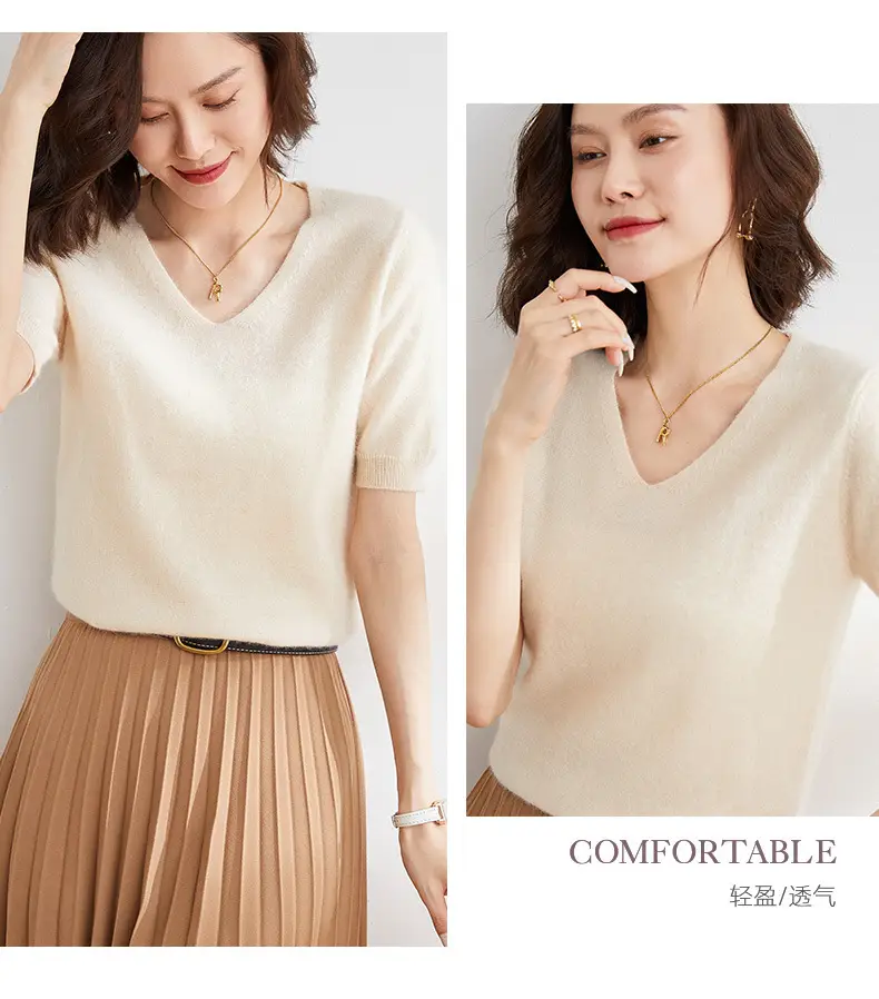 Women V Neck Knitted T-Shirt Brown 2025 Spring Fall — feature 16