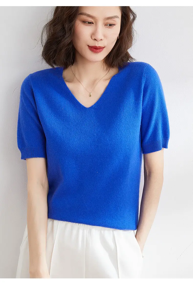 Women V Neck Knitted T-Shirt Brown 2025 Spring Fall — feature 18