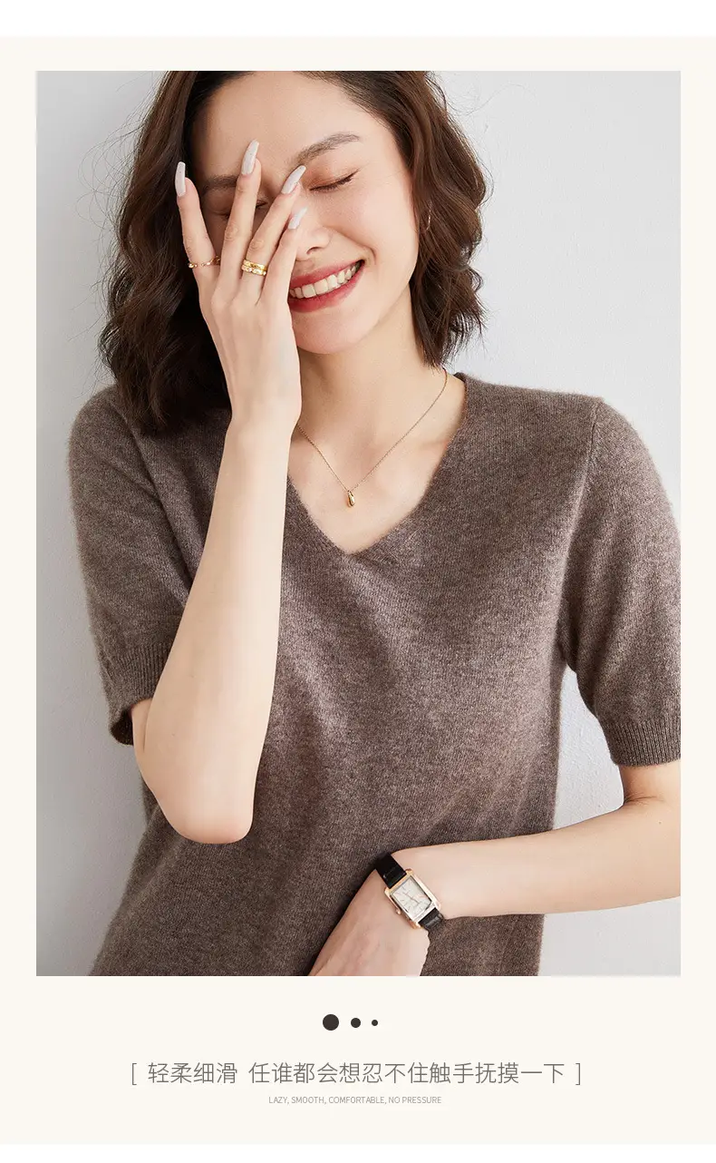 Women V Neck Knitted T-Shirt Brown 2025 Spring Fall — feature 20
