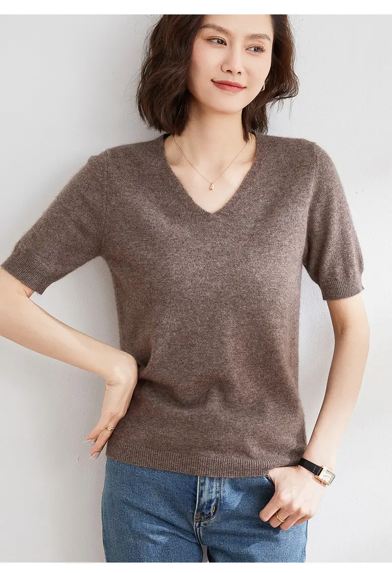 Women V Neck Knitted T-Shirt Brown 2025 Spring Fall — feature 21