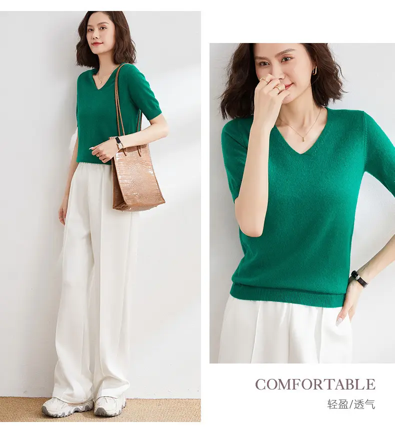 Women V Neck Knitted T-Shirt Brown 2025 Spring Fall — feature 24