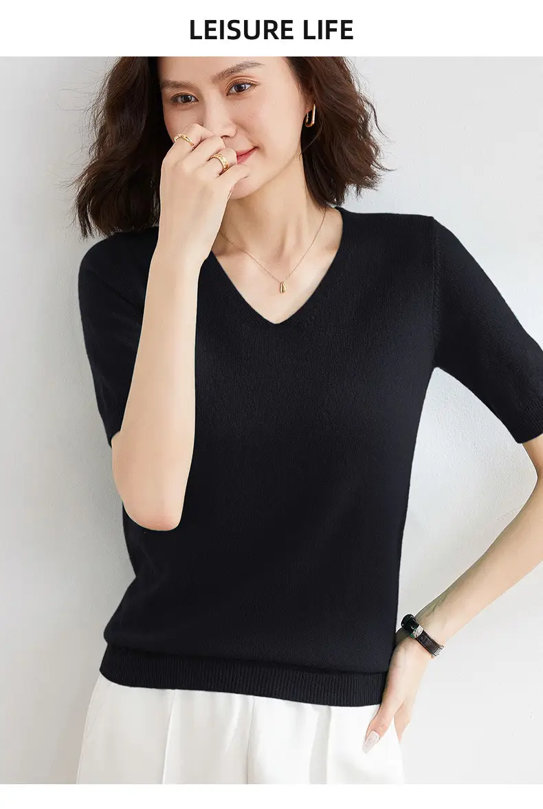 Women V Neck Knitted T-Shirt Brown 2025 Spring Fall — feature 32