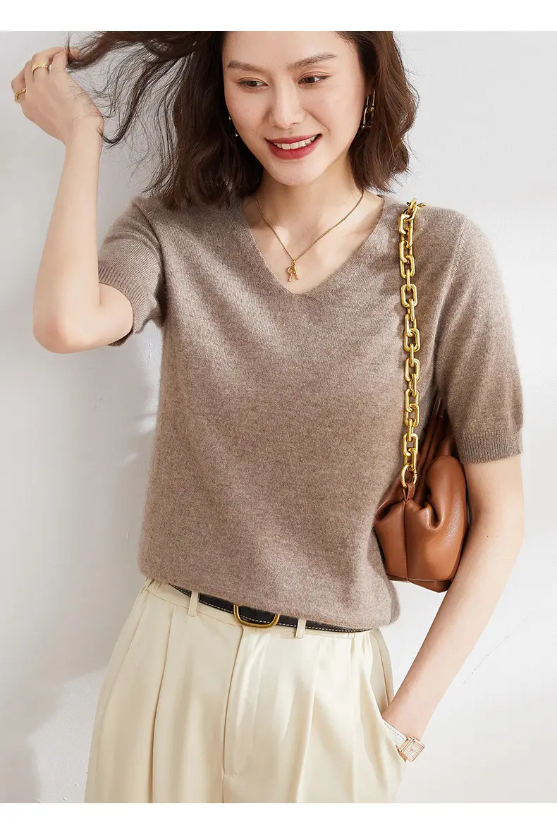 Women V Neck Knitted T-Shirt Brown 2025 Spring Fall — feature 9