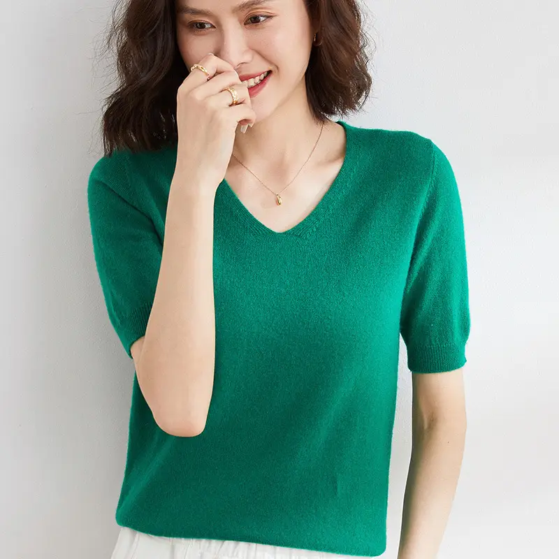 Women V Neck Knitted T-Shirt Brown 2025 Spring Fall - Image 2