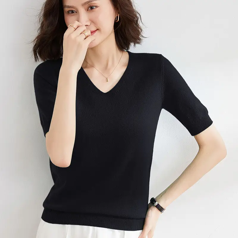 Women V Neck Knitted T-Shirt Brown 2025 Spring Fall - Image 3