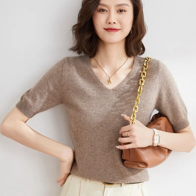 Women V Neck Knitted T-Shirt Brown 2025 Spring Fall - Image 4