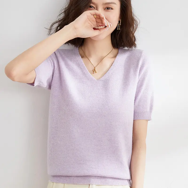 Women V Neck Knitted T-Shirt Brown 2025 Spring Fall - Image 5