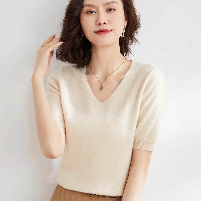 Women V Neck Knitted T-Shirt Brown 2025 Spring Fall - Image 6
